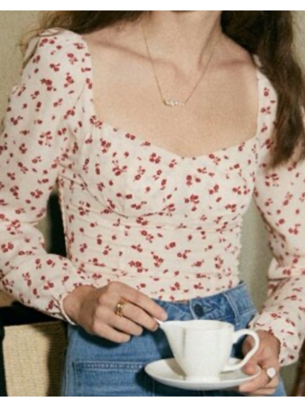 Floral Square-Neck Long Sleeve Top - White with Red Flower Print